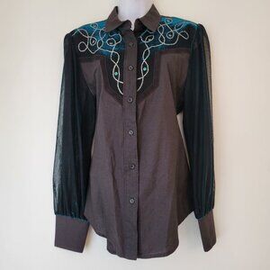 Vintage Western Horse Show Button Up Shirt Embroidered Yoke Sheer Sleeves M Rode